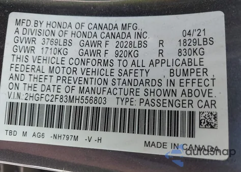 2021 Honda Civic Sport from USA, damaged, VIN 2HGFC2F83MH556803